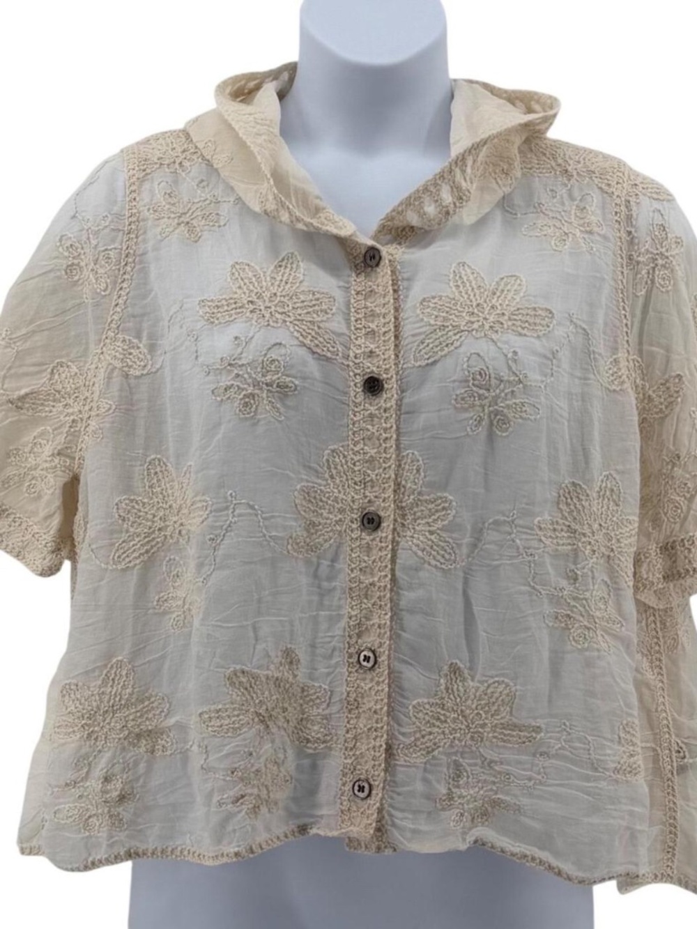 POL Cotton Gauze Embroidered Hooded Blouse Cream Boho Floral Top One Size